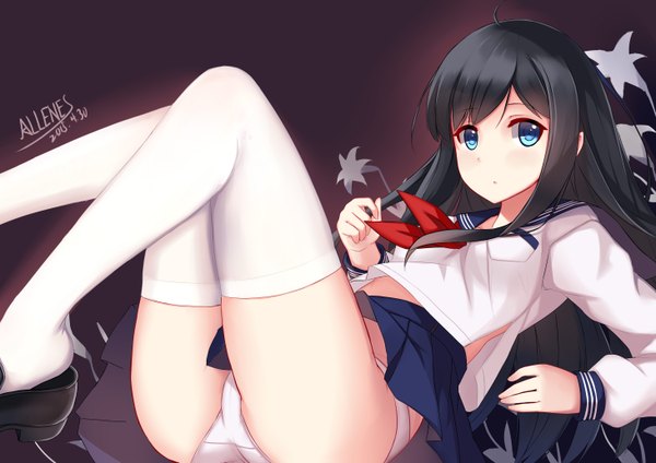 Anime picture 5846x4133 with original allenes single long hair highres blue eyes light erotic black hair absurdres girl thighhighs skirt uniform underwear panties white thighhighs serafuku