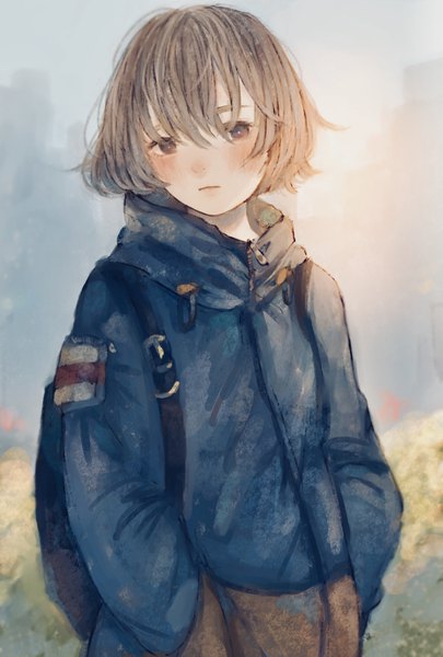 Anime picture 1215x1800 with original orie h single tall image looking at viewer blush fringe short hair hair between eyes brown hair standing brown eyes upper body outdoors hands in pockets girl jacket backpack