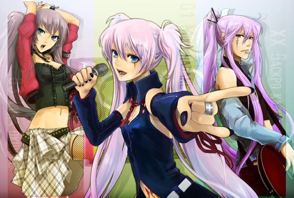Anime picture 1024x692 with type-h vocaloid hagane miku kagura gakupo okurine luka momopanda open mouth blue eyes twintails bare shoulders pink hair purple hair ponytail very long hair nail polish midriff tattoo mouth hold arms behind head face paint