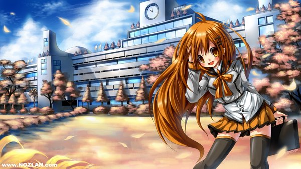Anime picture 1920x1080 with single long hair blush highres open mouth wide image sky cloud (clouds) orange hair orange eyes girl thighhighs uniform black thighhighs plant (plants) school uniform tree (trees) school