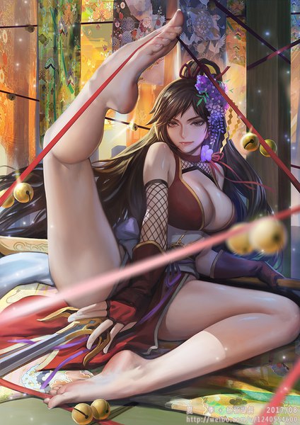 Anime picture 827x1169 with xiaji single long hair tall image looking at viewer breasts light erotic smile brown hair large breasts sitting indoors traditional clothes barefoot bare legs legs leg lift (legs lift) girl gloves hair ornament