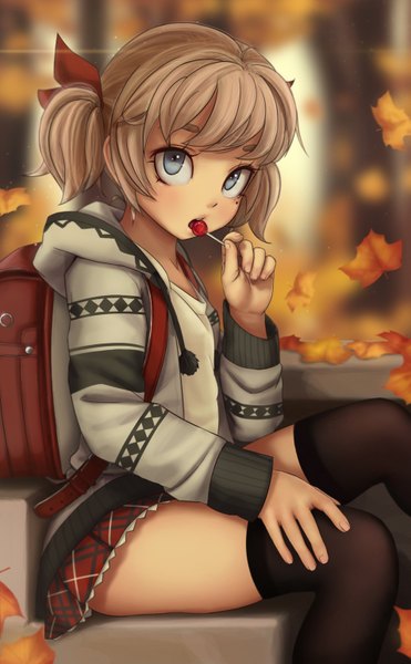 Anime picture 955x1545 with original valerie fields novcel single tall image fringe short hair open mouth brown hair sitting twintails looking away bent knee (knees) outdoors mole grey eyes loli depth of field zettai ryouiki mole under eye