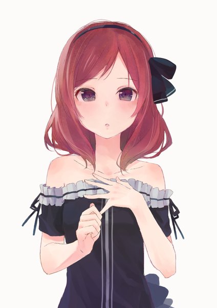 Anime picture 1143x1616 with love live! school idol project sunrise (studio) love live! nishikino maki kobuta single tall image looking at viewer short hair simple background white background purple eyes bare shoulders upper body red hair hand on chest girl dress ribbon (ribbons) hair ribbon