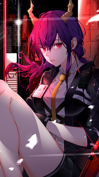 Anime-Bild 1800x3200 mit arknights ch'en (arknights) cizzi single long hair tall image looking at viewer fringe highres breasts hair between eyes red eyes sitting twintails blue hair bent knee (knees) red hair parted lips multicolored hair horn (horns)
