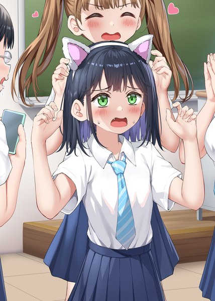 Anime-Bild 2509x3514 mit original nedia (nedia region) long hair tall image blush highres short hair open mouth black hair brown hair standing twintails multiple girls green eyes animal ears indoors eyes closed pleated skirt cat ears embarrassed