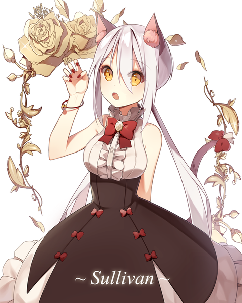 Anime picture 819x1024 with original sal single long hair tall image looking at viewer fringe open mouth hair between eyes twintails bare shoulders animal ears yellow eyes silver hair tail nail polish animal tail cat ears sparkle cat girl
