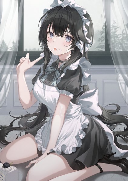 Anime picture 1200x1704 with original mellozzo single long hair tall image looking at viewer blush fringe open mouth blue eyes black hair sitting indoors arm up :o maid high heels wariza between legs food on face