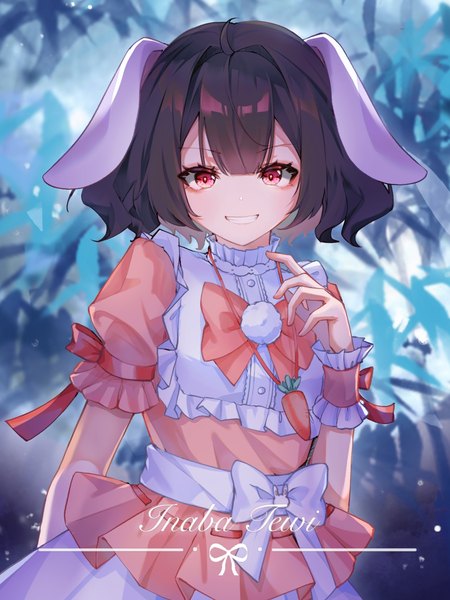 Anime picture 1241x1654 with touhou inaba tewi ringo no usagi (artist) single tall image looking at viewer fringe short hair smile hair between eyes red eyes brown hair animal ears upper body bunny ears character names grin girl