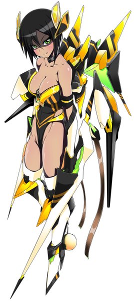 Anime picture 1342x3000 with original nikupizzau single tall image looking at viewer blush short hair breasts light erotic black hair large breasts white background bare shoulders green eyes mechanical girl weapon tongue