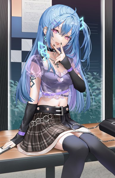 Anime picture 830x1286 with original lloule single long hair tall image looking at viewer fringe breasts hair between eyes sitting payot blue hair cleavage ahoge nail polish pink eyes arm support midriff one side up piercing