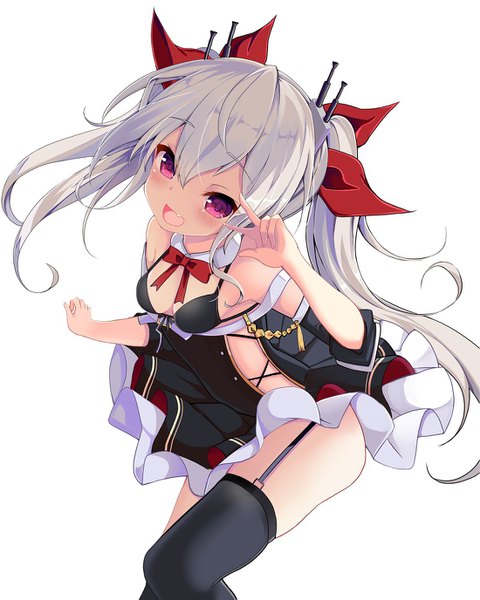 Anime picture 1100x1375 with azur lane vampire (azur lane) razuchi single long hair tall image looking at viewer blush fringe open mouth light erotic simple background hair between eyes white background purple eyes twintails cleavage silver hair victory girl