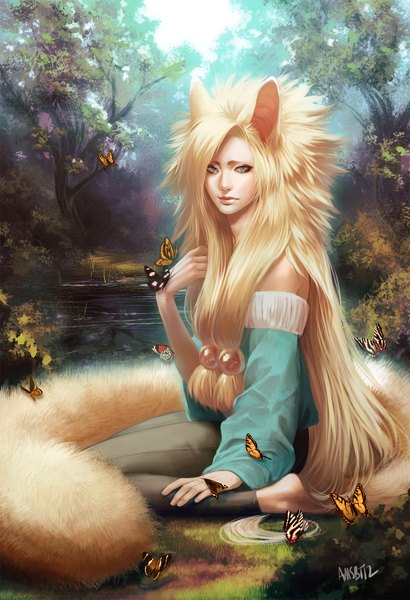 Anime picture 1000x1462 with original amsbt single long hair tall image looking at viewer blonde hair sitting bare shoulders signed barefoot grey eyes fox ears fox tail landscape lake butterfly on hand girl plant (plants) tree (trees)