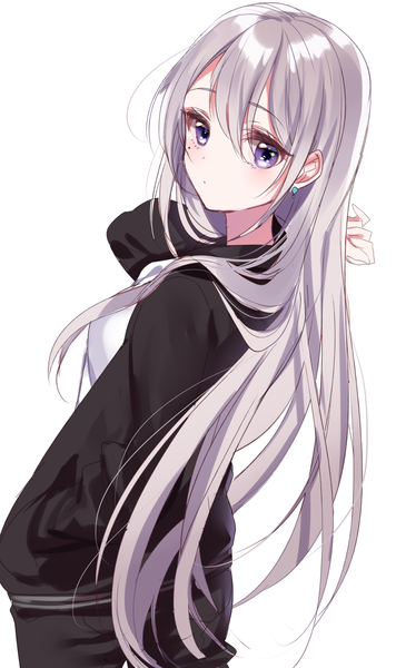 Anime picture 1189x2000 with virtual youtuber nijisanji higuchi kaede sinsihukunokonaka single long hair tall image looking at viewer blush fringe breasts simple background hair between eyes standing white background purple eyes silver hair looking back mole open jacket