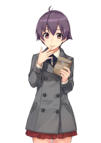 Anime picture 2000x2829 with kantai collection lawson sakawa light cruiser konishi (koconatu) single tall image looking at viewer blush fringe highres short hair simple background hair between eyes white background purple eyes purple hair ahoge official art finger to mouth hand on face