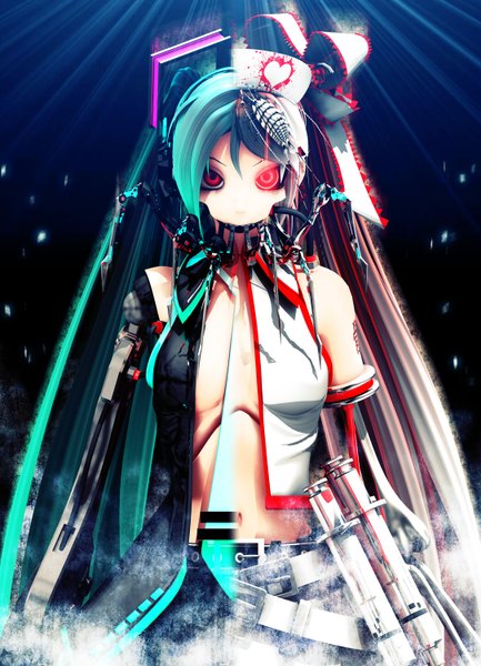 Anime picture 1084x1500 with vocaloid bacterial contamination (vocaloid) calcium calne ca deino single long hair tall image looking at viewer light erotic red eyes twintails bare shoulders multicolored hair aqua hair two-tone hair mechanical arms girl hair ornament ribbon (ribbons)