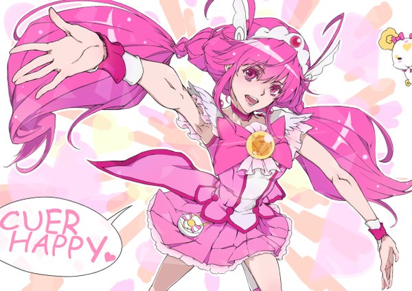 Anime picture 1250x884 with precure smile precure! toei animation hoshizora miyuki cure happy yamaishi (mukoubuti) single long hair open mouth twintails pink hair pink eyes inscription spread arms girl dress hair ornament heart wrist cuffs tiara