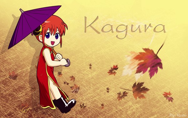 Anime picture 1440x900 with gintama sunrise (studio) kagura (gintama) single open mouth smile wide image purple eyes bare shoulders red hair hair bun (hair buns) chinese clothes chibi autumn girl umbrella chinese dress