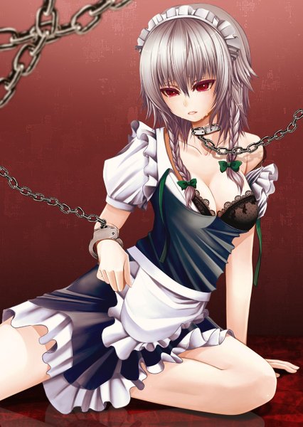 Anime picture 1000x1407 with touhou izayoi sakuya single tall image fringe breasts light erotic red eyes sitting looking away silver hair braid (braids) off shoulder maid twin braids girl hair ornament bow hair bow hairband