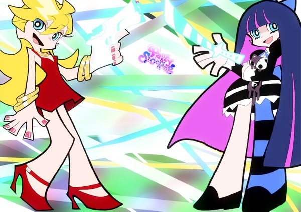 Anime picture 1620x1147 with panty & stocking with garterbelt anarchy stocking anarchy panty long hair blonde hair bare shoulders multiple girls purple hair ahoge nail polish multicolored hair colored inner hair girl thighhighs dress bow weapon 2 girls hair bow sword