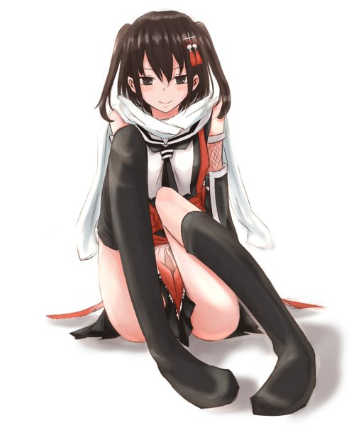 Anime picture 1177x1385 with kantai collection sendai light cruiser rutchifu single tall image blush fringe short hair light erotic simple background smile brown hair white background brown eyes looking away pleated skirt two side up no shoes girl thighhighs