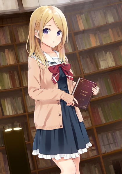 Anime-Bild 700x1000 mit original n.g. single long hair tall image looking at viewer blush fringe open mouth blonde hair standing purple eyes holding payot bent knee (knees) indoors long sleeves open clothes :o dutch angle