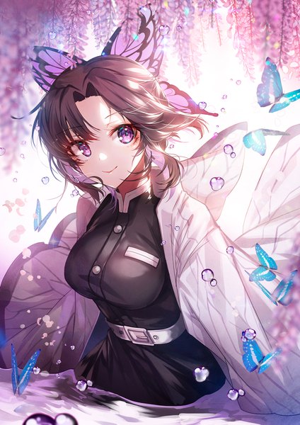 Anime picture 1200x1697 with kimetsu no yaiba ufotable kochou shinobu apple caramel single tall image looking at viewer fringe short hair breasts black hair smile purple eyes payot traditional clothes japanese clothes partially submerged girl uniform hair ornament