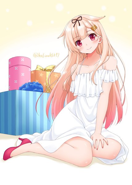 Anime picture 725x1015 with kantai collection yuudachi destroyer hoshino kagari single long hair tall image looking at viewer blush blonde hair red eyes sitting bare shoulders signed full body twitter username gradient hair remodel (kantai collection) girl dress white dress
