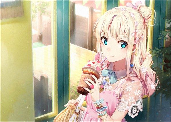 Anime picture 1287x920 with original hakusai (tiahszld) single long hair looking at viewer fringe blonde hair smile holding pink hair upper body nail polish aqua eyes hair bun (hair buns) gradient hair half updo pink nail polish girl dress hat