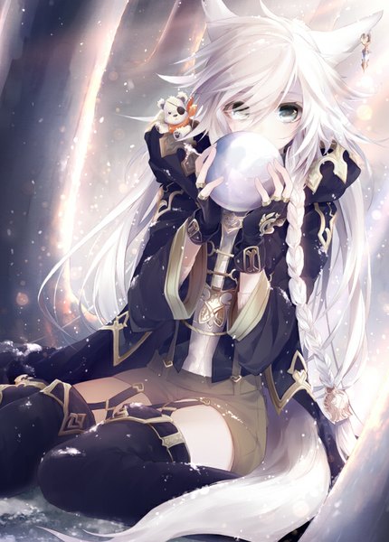 Anime picture 598x834 with original shunki teru (matataki_c) long hair tall image looking at viewer fringe blue eyes holding animal ears bent knee (knees) white hair tail braid (braids) animal tail sunlight hair over one eye fox ears piercing single braid fox tail