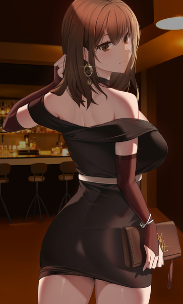 Anime picture 1000x1651 with original asato mai single long hair tall image looking at viewer blush fringe breasts light erotic hair between eyes large breasts standing holding ass indoors head tilt looking back arm up from behind