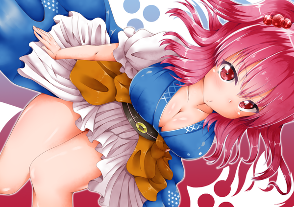 Anime picture 1684x1190 with touhou onozuka komachi kuria (clear trip second) single long hair looking at viewer fringe breasts light erotic red eyes large breasts pink hair cleavage from above torn clothes girl skirt clothes