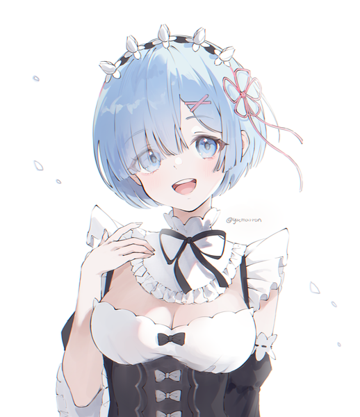 Anime picture 3744x4336 with re:zero kara hajimeru isekai seikatsu white fox rem (re:zero) yw marron single tall image looking at viewer highres short hair open mouth blue eyes simple background white background signed blue hair absurdres cleavage upper body :d teeth