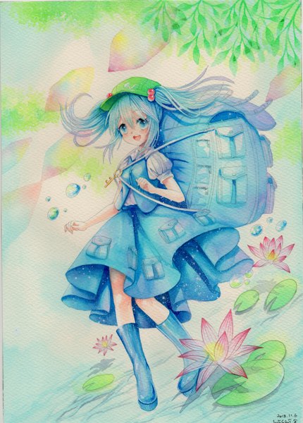 Anime picture 1074x1500 with touhou kawashiro nitori mosho single tall image looking at viewer blush short hair open mouth blue eyes twintails signed blue hair short twintails traditional media watercolor (medium) girl skirt hair ornament flower (flowers)