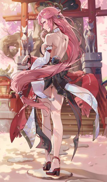 Anime picture 3455x5878 with genshin impact yae miko sssong aa single tall image looking at viewer fringe highres breasts light erotic standing holding animal ears pink hair absurdres full body outdoors very long hair nail polish traditional clothes
