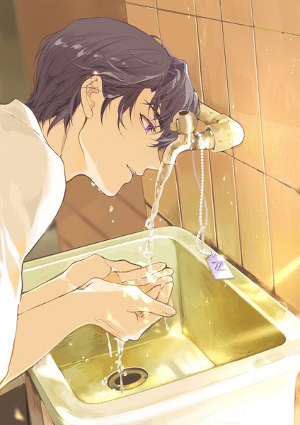 Anime picture 2480x3508 with tears of themis marius von hagen (tears of themis) jiukuzi18797 single tall image highres short hair black hair purple eyes profile leaning leaning forward boy water pendant tiles