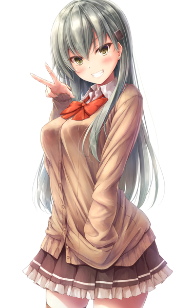 Anime picture 750x1334 with kantai collection suzuya heavy cruiser suien single long hair tall image looking at viewer blush fringe breasts open mouth simple background smile hair between eyes standing white background brown eyes silver hair long sleeves nail polish