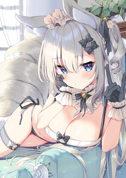 Anime picture 1255x1772 with original kamioka shun'ya single long hair tall image looking at viewer blush fringe breasts light erotic hair between eyes large breasts holding animal ears cleavage silver hair indoors tail lying animal tail