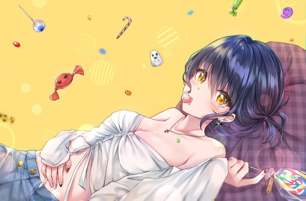 Anime picture 2000x1314 with original cuna (qunya) single looking at viewer blush fringe highres short hair breasts light erotic simple background hair between eyes holding yellow eyes blue hair cleavage lying nail polish fingernails on back