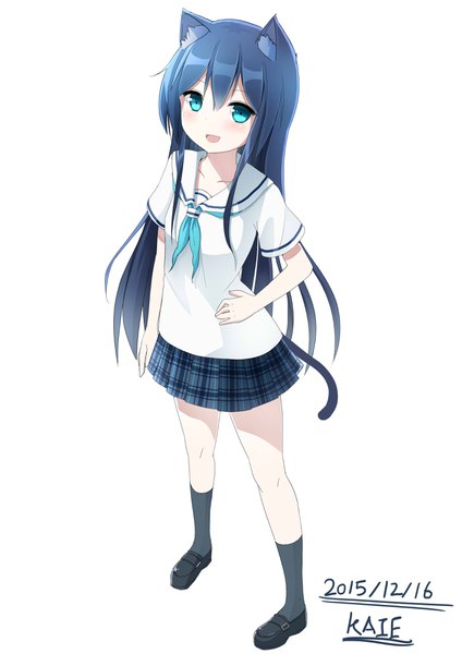 Anime picture 2893x4092 with original kaie single long hair tall image blush fringe highres open mouth blue eyes simple background smile hair between eyes white background animal ears blue hair looking away full body tail :d