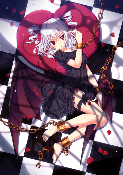 Anime picture 2894x4093 with original ugume single tall image looking at viewer fringe highres short hair light erotic full body white hair pink eyes barefoot pointy ears two side up checkered floor demon wings floor multicolored eyes girl