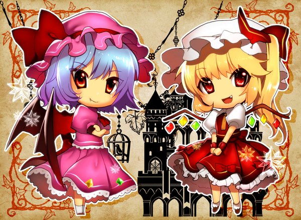 Anime picture 1136x833 with touhou flandre scarlet remilia scarlet wadani hitonori fringe short hair open mouth blonde hair smile red eyes multiple girls looking away purple hair full body fang (fangs) side ponytail crossed arms chibi siblings bat wings