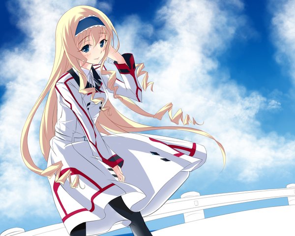 Anime picture 1920x1536 with infinite stratos 8bit cecilia orcott phantania single long hair blush highres open mouth blue eyes blonde hair cloud (clouds) drill hair cropped girl serafuku