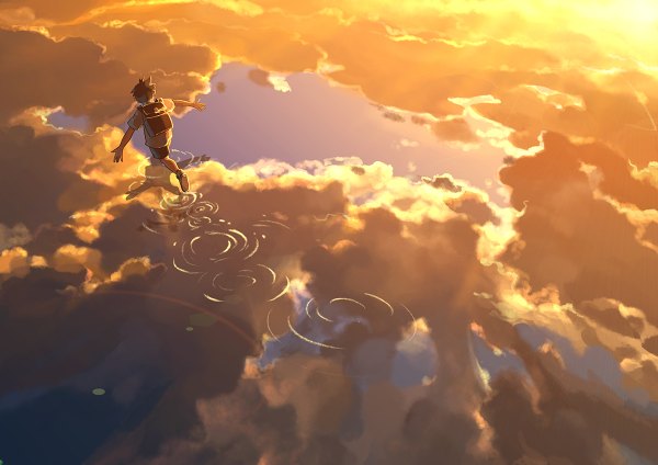Anime picture 1200x848 with original hanyijie single short hair brown hair cloud (clouds) sunlight reflection spread arms sunbeam running boy water socks shorts t-shirt backpack