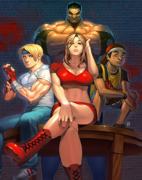 Anime picture 1024x1300 with bare knuckle bare knuckle iv blaze fielding axel stone scate hunter max thunder long hair tall image short hair breasts blue eyes light erotic blonde hair large breasts brown eyes multiple boys muscle girl boy gloves