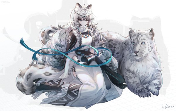Anime picture 2368x1500 with arknights pramanix (arknights) snow is single looking at viewer fringe highres breasts simple background hair between eyes white background sitting holding signed animal ears full body ahoge tail braid (braids) long sleeves