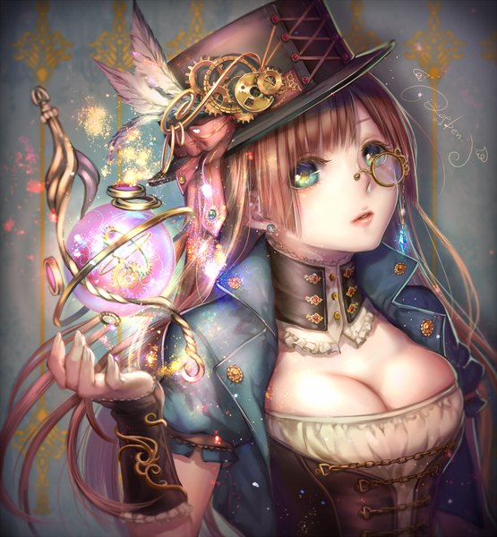 Anime picture 1000x1080 with original ao+beni single long hair tall image looking at viewer blue eyes brown hair signed cleavage lips underbust girl dress hat feather (feathers) corset gears monocle