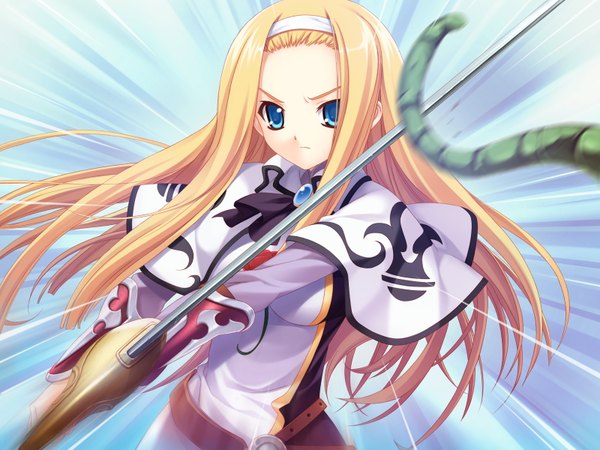 Аниме картинка 1600x1200 с boku no te no naka no rakuen (game) ellinor besch kurosaki (artist) длинные волосы голубые глаза светлые волосы game cg девушка меч