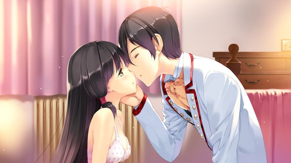 Anime picture 1280x720 with nanatsu no fushigi no owaru toki tokito nanao ueda ryou long hair blush short hair light erotic black hair wide image brown eyes game cg loli couple almost kiss girl boy