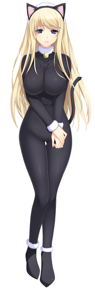 Anime picture 1008x3064 with lovely x cation 2 hibiki works yoshinoya seine iizuki tasuku single long hair tall image looking at viewer blush fringe breasts light erotic blonde hair simple background large breasts standing white background animal ears tail parted lips