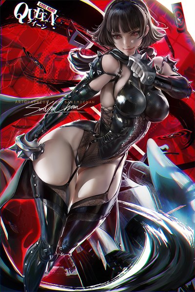 Anime picture 733x1100 with persona 5 persona niijima makoto sakimichan single tall image fringe short hair breasts light erotic smile red eyes brown hair large breasts standing signed looking away blunt bangs realistic thighs